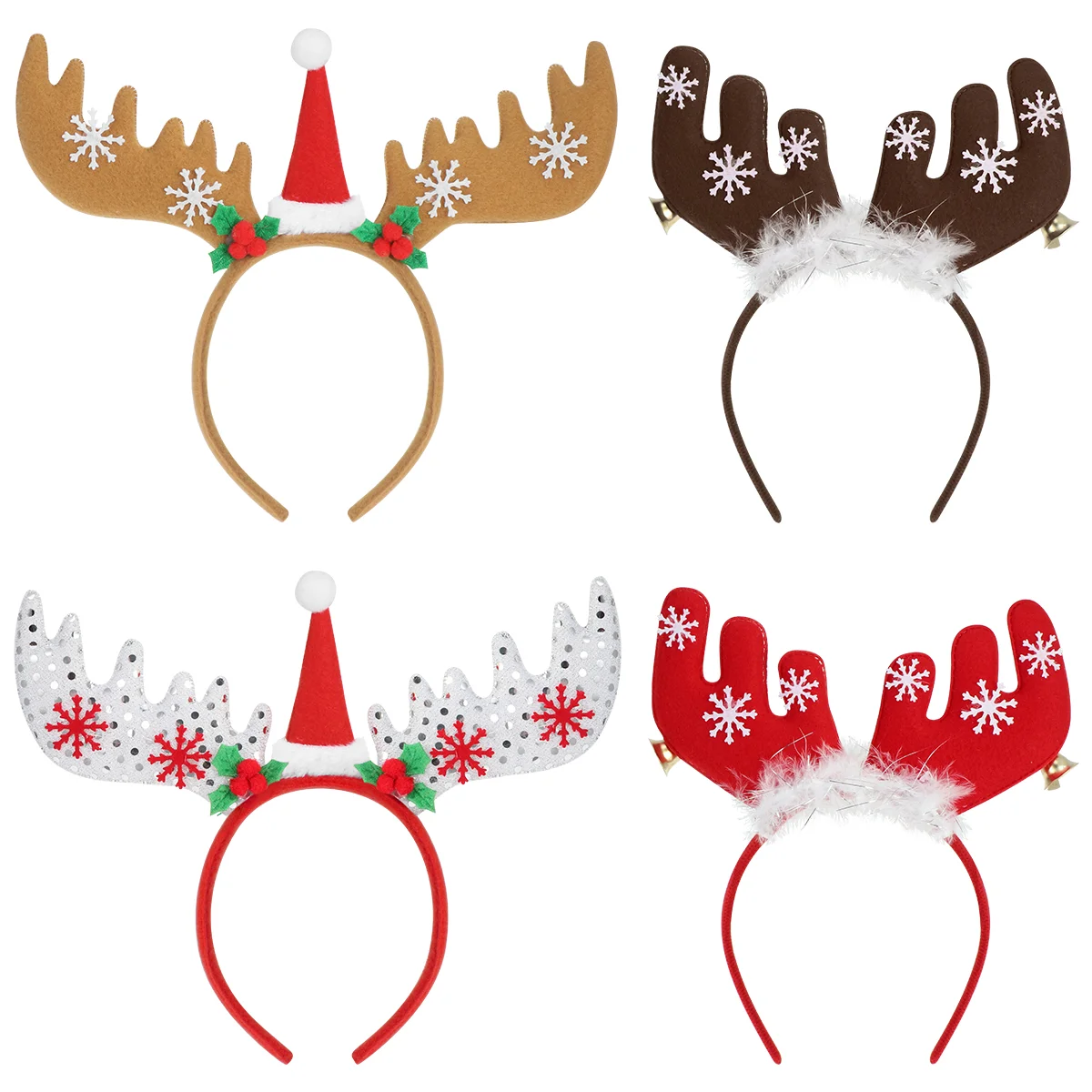 

4pcs Christmas Headbands Reindeer Antler with Santa Hat Headwear Snowflake Bells Party Hair Accessory for Kids