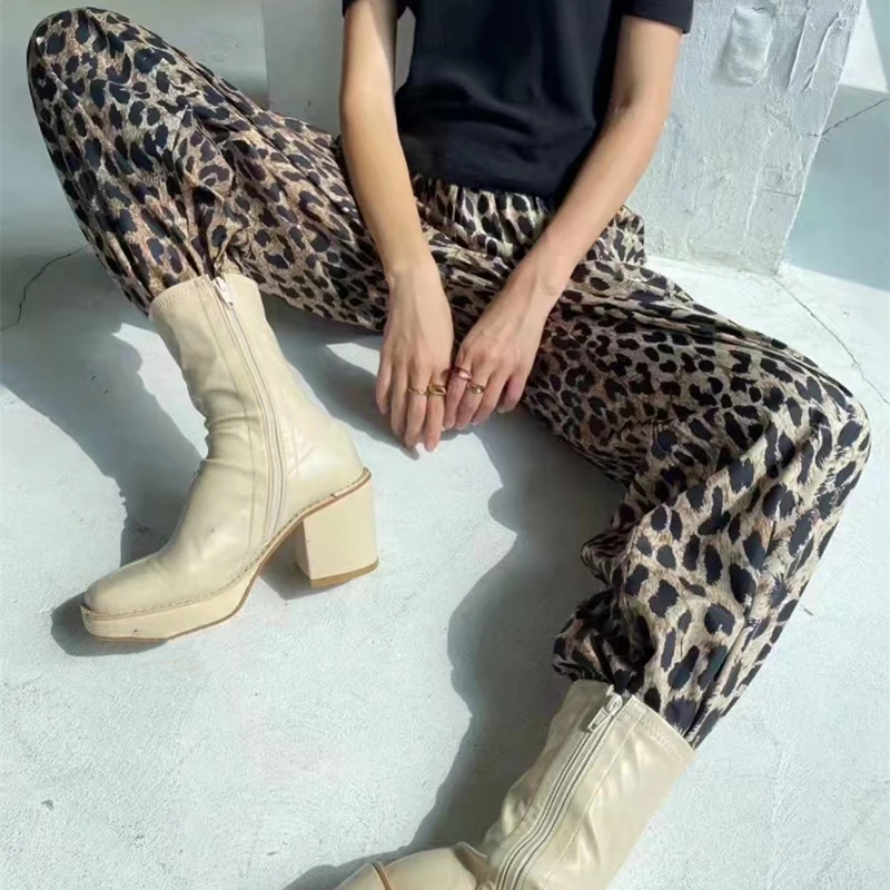 

Женские брюки с широкими штанинами, повседневные брюки с высокой талией и леопардовым принтом, длинные брюки с карманами в уличном стиле, новинка 2024