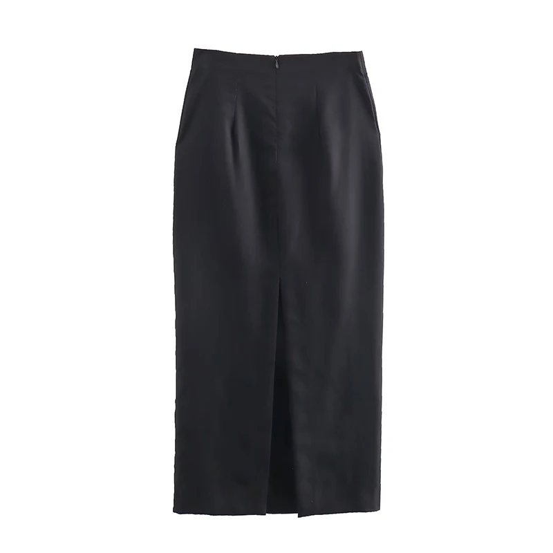 

YENKYE Elegant Women Vintage High Waist Slit Hem Black Midi Skirt