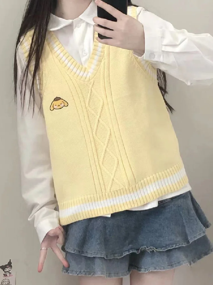 

Japanese Sweet Kawaii Student Women Sweater Vest Spring Autumn Cute College Style Cartoon Print All-Match Knitted Vest Sweaters