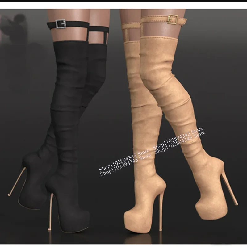 

Black Buckle Platform Over Knee High Boots Thin High Heel Cool Fashionable Sexy Winter 2024 Woman Shoes Zapatillas Mujer