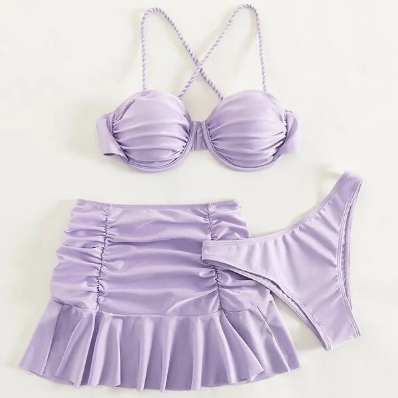 

2024 3 Pieces Set Swimsuit Women Thong Swimwear Sexy Bikini Set With Sarong Ruffle Skirt Beachwear Bathing Suit Purple Cover Ups