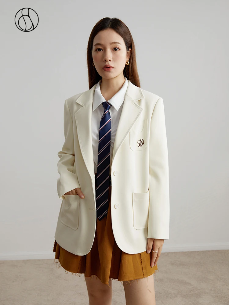 

DUSHU Notched Collar Office Lady White Loose Blazers Autumn New Solid Single Breated Twill Women Suits Straight Female Jackets