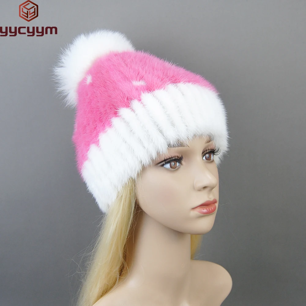 

New Luxury Lady Real Mink Fur Hat Fox Fur Pom Poms Thick Warm Real Mink Fur Cap Women Winter Knitted Real Mink Fur Beanies Hats