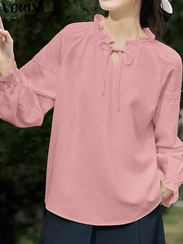 

VONDA Women Tunic 2023 Summer Tops Elegant Solid Color Blouse Femininas Bohemian Long Sleeve Casual Loose Shirts Blusas Baggy