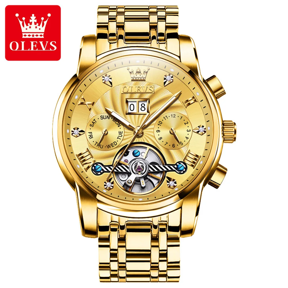 

Fashion Olevs Top Brand Tourbillon Men Watches Luxury Automatic Mechanical Business Clock Gold Watch Reloj Mecanico Hombres 9910