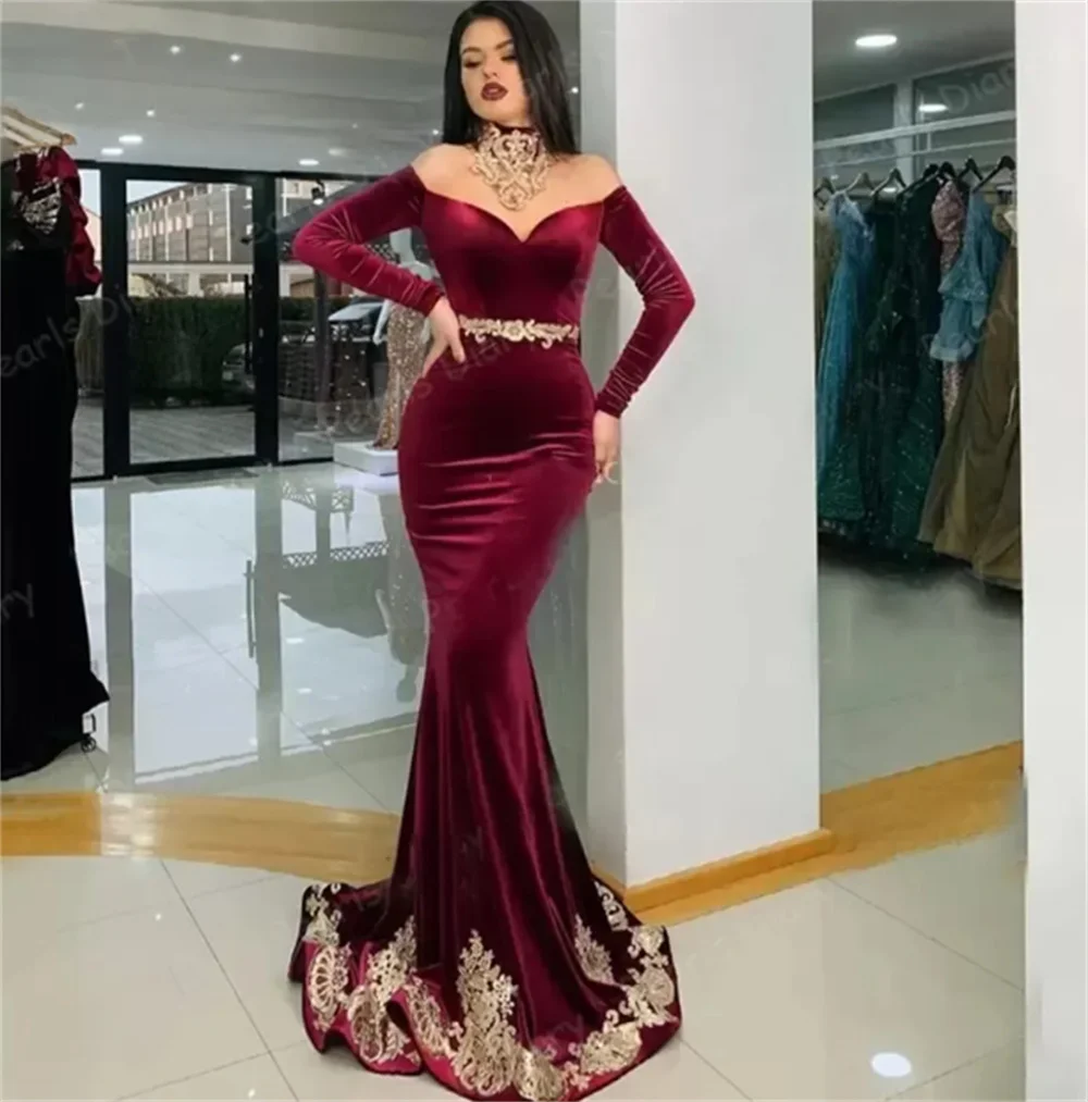 

Gorgeous Burgundy Evening Dresses Off Shoulder Dubai Saudi Arabic Velvet Long Sleeve Mermaid Hot Sale Prom Dress فساتين سهرة