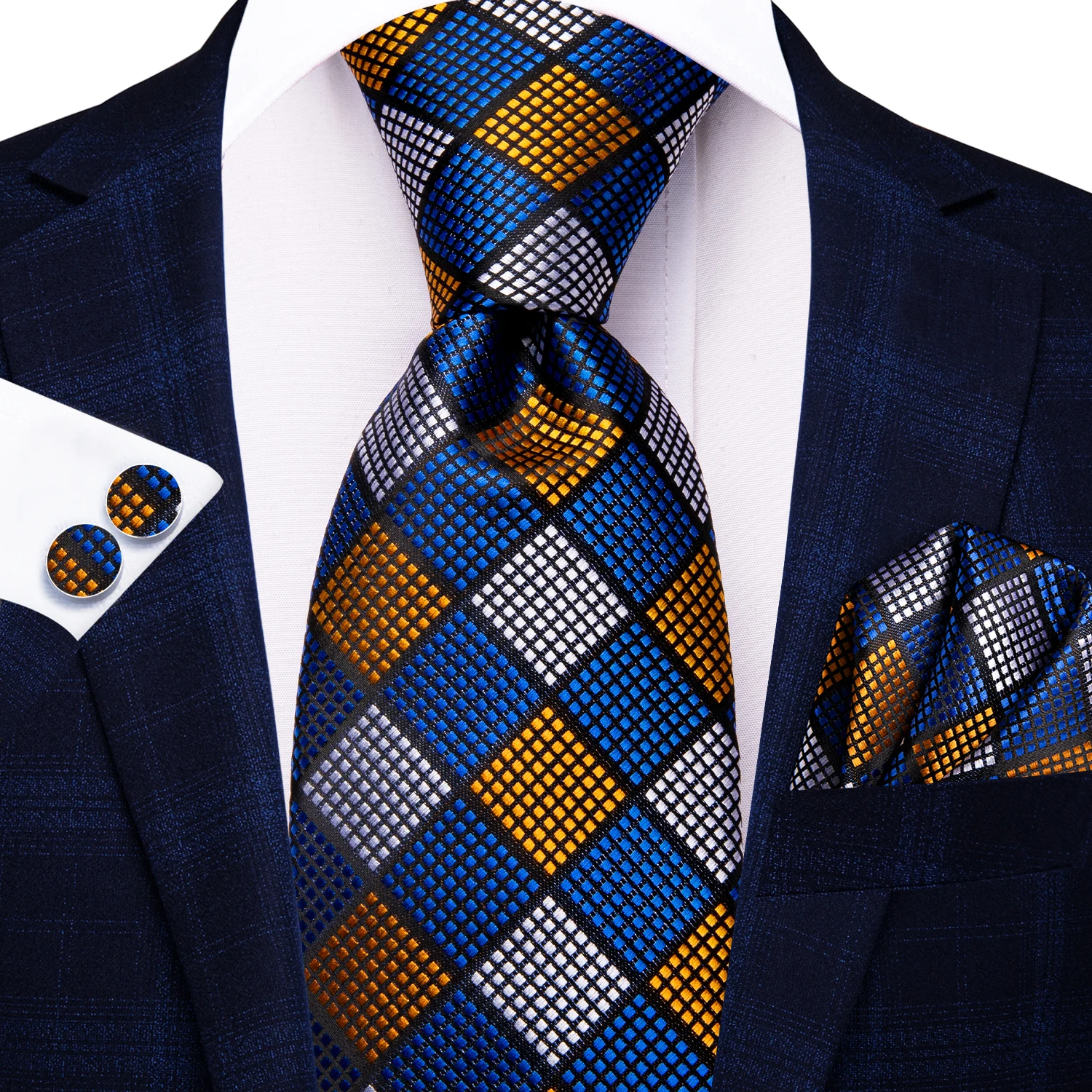 

Hi-Tie Plaid Navy Blue Gold Men Tie Jacquard Necktie Accessory Daily Wear Cravat Wedding Business Party Hanky Cufflink Wholesale
