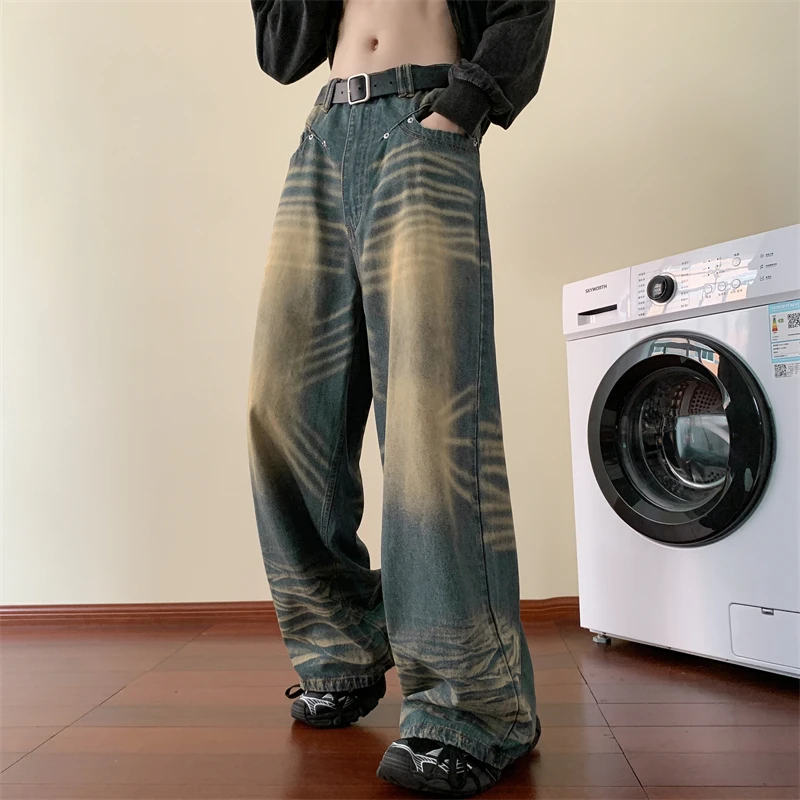 

Fashion Blue Tie-dye Wide-leg Jeans Men Distressed Baggy Straight Denim Pants Men High Street Jean Pants Mopping Trousers