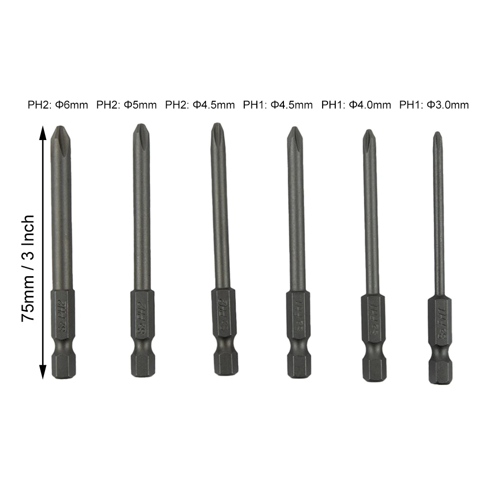 

Nutdrivers Screwdriver Bit Hex Cross Head PH2 6.35mm / 1/4" Shank 6Pcs/Set 75mm Long For Small Appliances Steel Magnetic