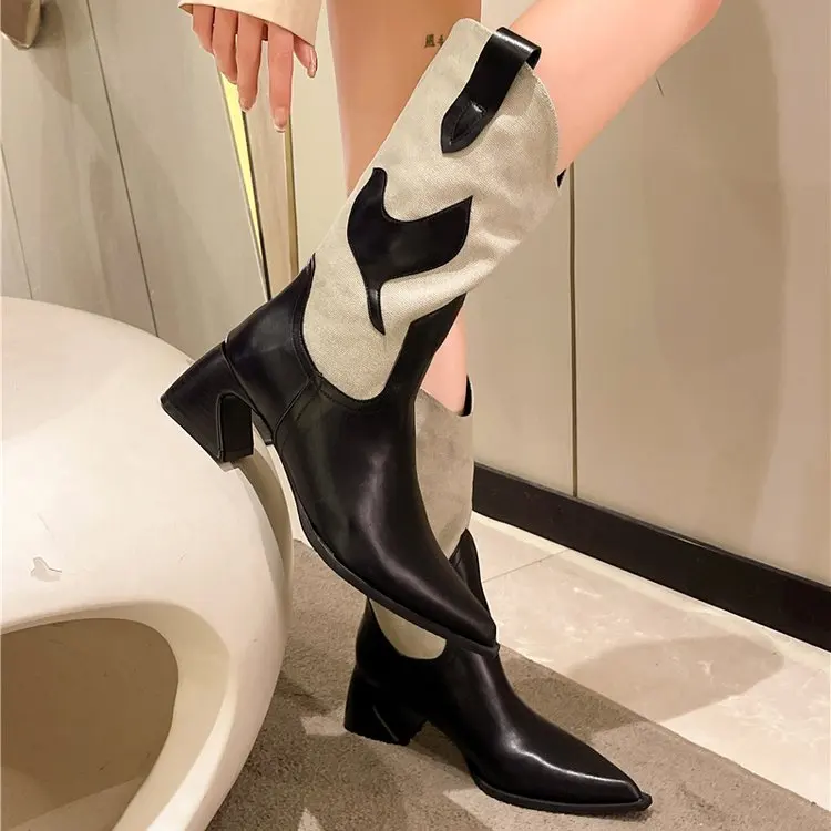 

Shoes Pointy Boot Rock Pointe Rubber Cowboy Med Ladies Mid Calf Retro Slip-On Mixed Colors PU Rome Solid Pointed Toe Mid-Calf
