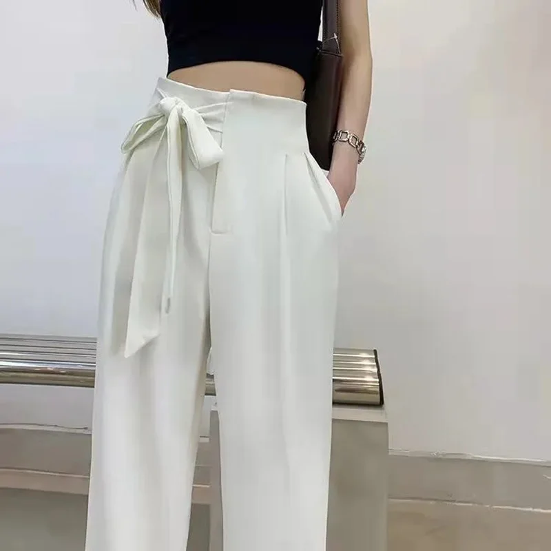

White Wide Leg Pants Women's High Waist Hanging Feeling 2022 Summer New Bow Straight Tube Loose Floor Dragging Suit Pants
