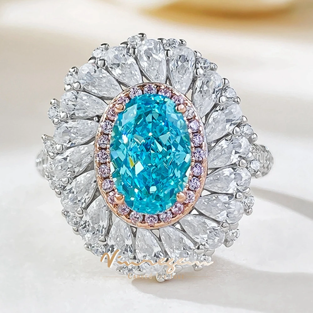 

Vinregem 6*9 MM Oval Paraiba Tourmaline High Carbon Diamond Gemstone Ring For Women 925 Sterling Silver Wedding Party Jewelry