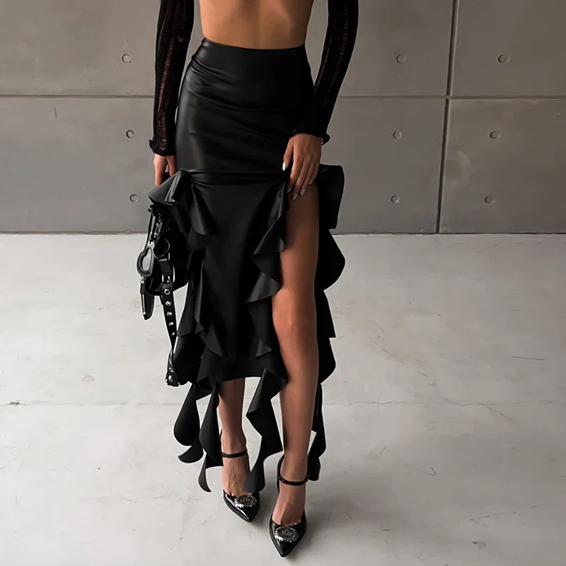 New autumn and winter women's fashionable hip-covering sexy slit ruffled slim PU skirt women's club clothing Vestidos
New autumn and winter women's fashionable hip-covering sexy slit ruffled slim PU skirt women's club clothing Vestidos