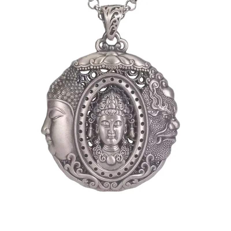 Real S925 Silver Carved Hollowed Three-faced Buddha Necklaces Pendant for Men Women Male Thai Silver Retro Round Trendy Jewelriy
Real S925 Silver Carved Hollowed Three-faced Buddha Necklaces Pendant for Men Women Male Thai Silver Retro Round Trendy Jewelriy