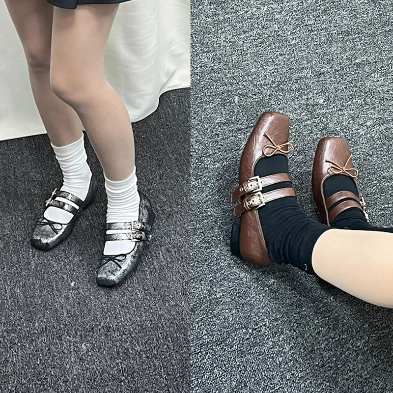 

Spring Summer Fashion Brown Vintage Cowhide Ballet Flats Women's Square Toe Butterfly-knot Preppy Style Mary Jane Shoes