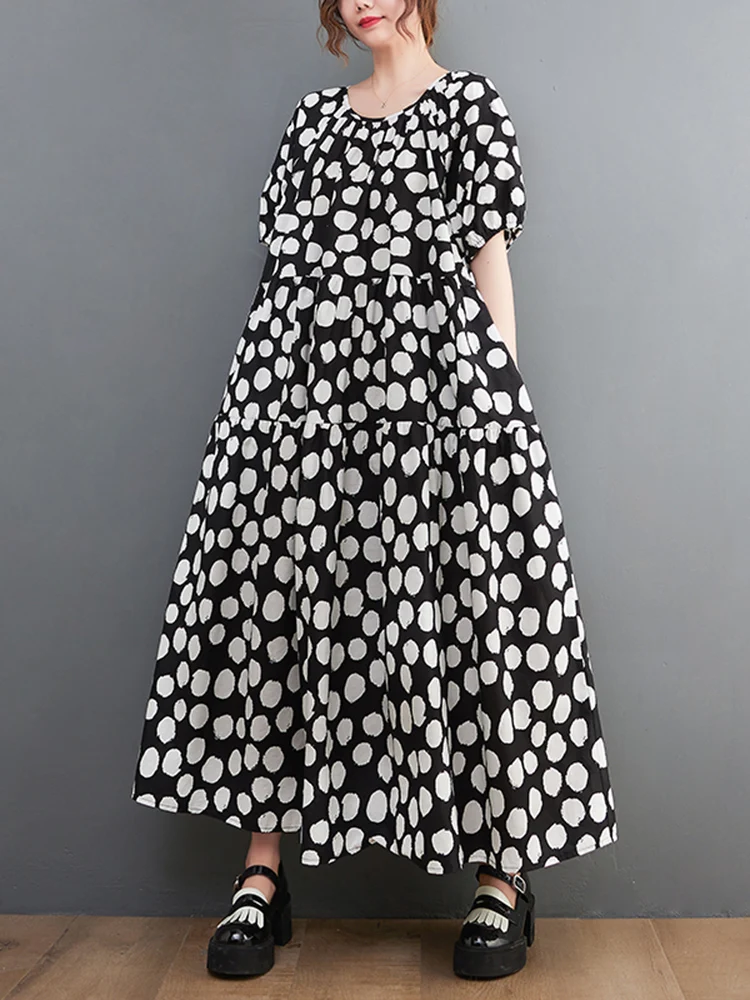 

2022 Summer New Black Vintage Polka Dot Print Dresses For Women Short Sleeve Loose Casual Long Dress Fashion Elegant Clothing