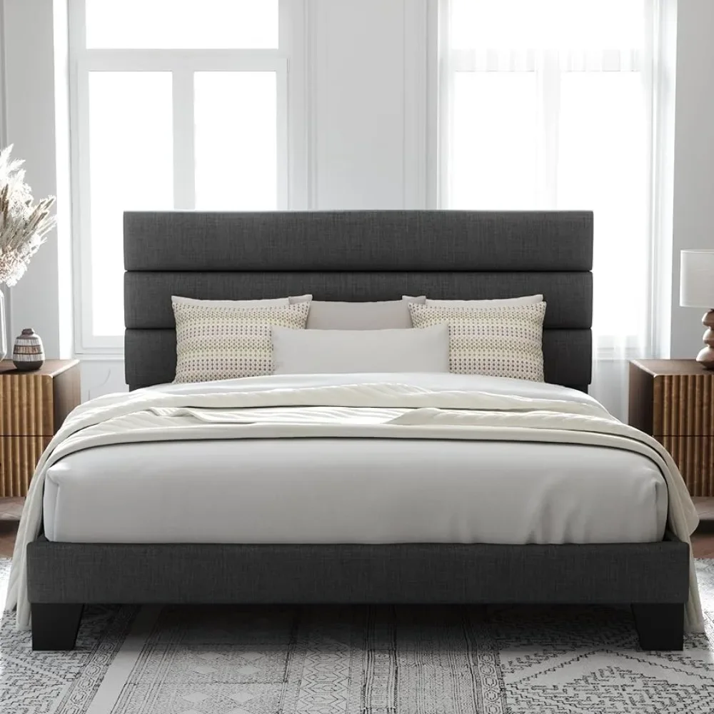 Bedroom furniture: king-size bed frame, platform bed, with fabric upholstered headboard and wood slatted support, dark grey
Bedroom furniture: king-size bed frame, platform bed, with fabric upholstered headboard and wood slatted support, dark grey
