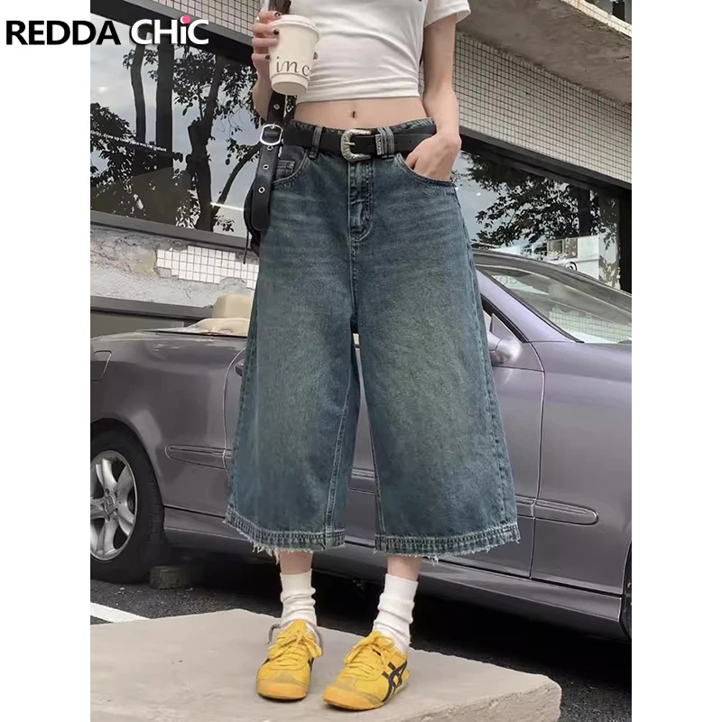 

REDDACHiC 90s Retro Whiskers Baggy Jeans Jorts Women High Rise Washed Frayed Wide Leg Denim Shorts Casual Korean Y2k Streetwear