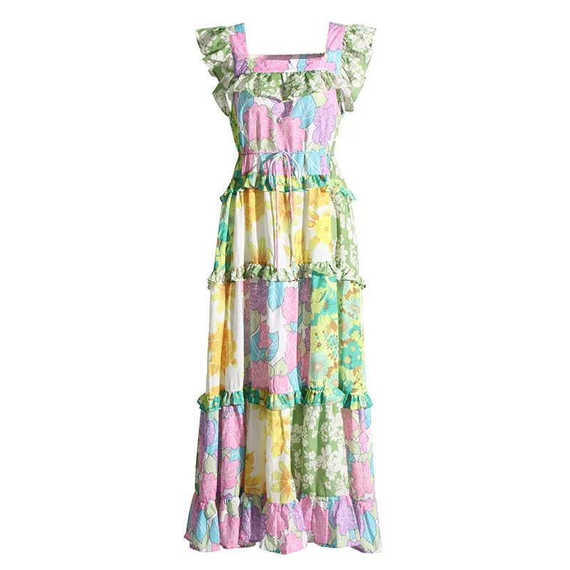 

Bohemian Dress with Tree Fungus for Women, Luxury Flower Print, Square Collar, Edible Tree, Fashion