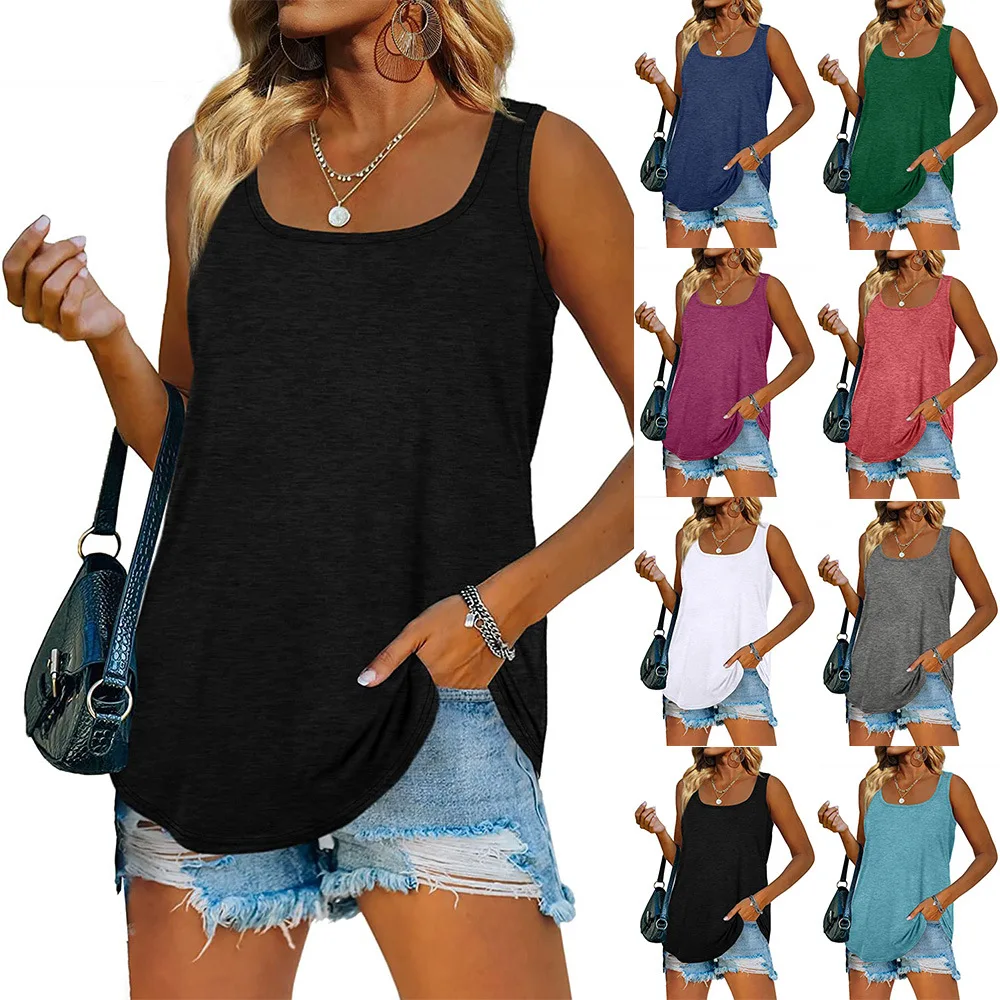 

New Fashion Women Summer Solid Color Sleeveless Tank Tops U Neck Dolphin Hem Casual Flowy Summer Sleeveless Tunic Tshirts