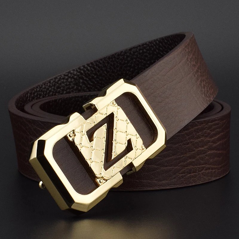 

High quality Z letter slide buckle genuine leather belt men 3.3cm girdle wide luxury brand fashion Black casual ceinture homme