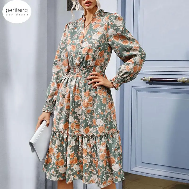 

PERITANG Elegant Ruffle Hem Printed Vintage Long Sleeve Dress Vestido Feminino Dresses For Women 2024 Autumn Winter