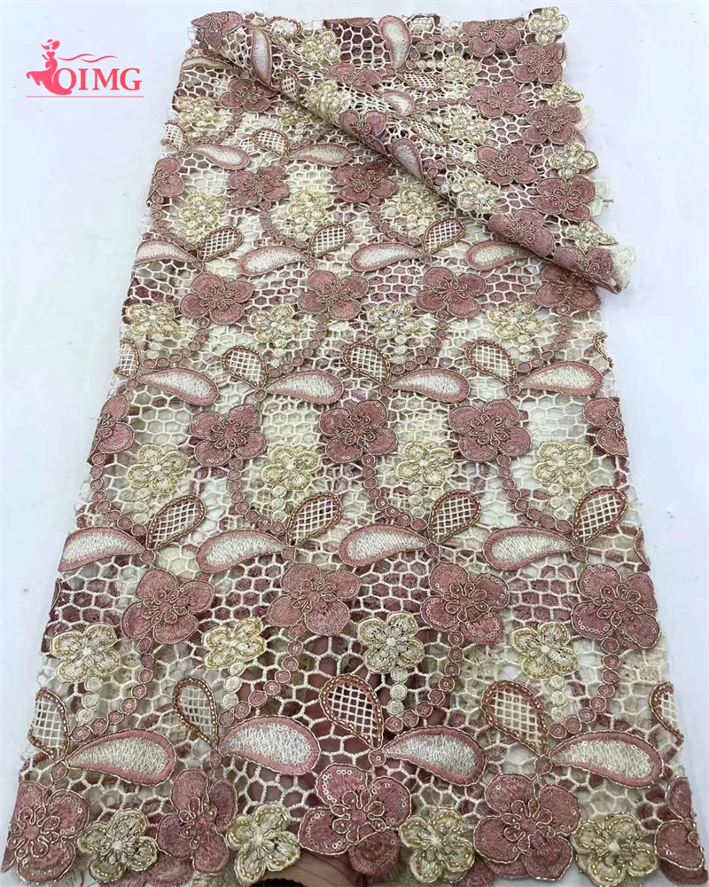 

OIMG African Cord Lace Fabric 2024 High Quality Beads Guipure Cord Water Soluble Lace Nigerian Lace Fabric For Wedding Party