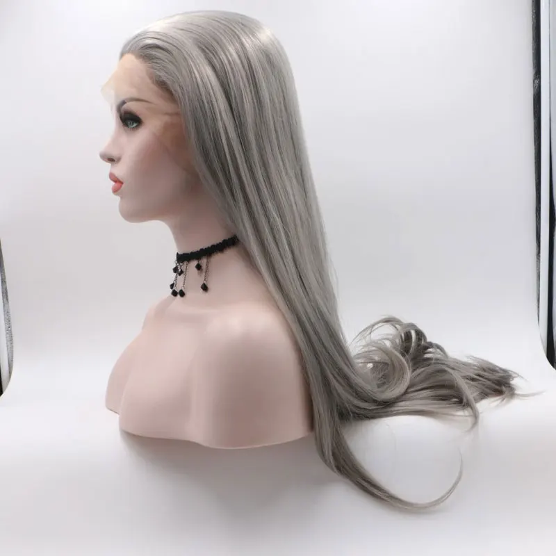 

Серебристо-серый прямой синтетический парик 13x 4 со шнуровкой спереди, безклеевые высококачественные волосы из термостойкого волокна для белых женщин, косплей