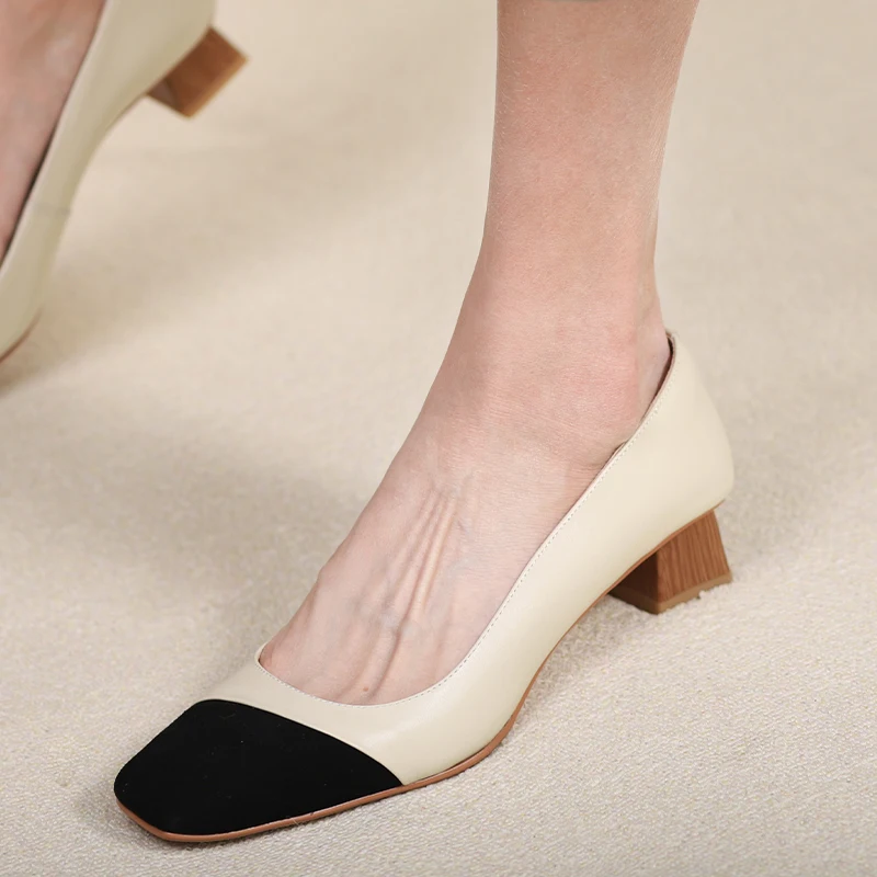 

Туфли-лодочки женские на среднем каблуке 4 см, базовые Элегантные классические, квадратный носок, простая обувь из воловьей кожи, во французском стиле, весна