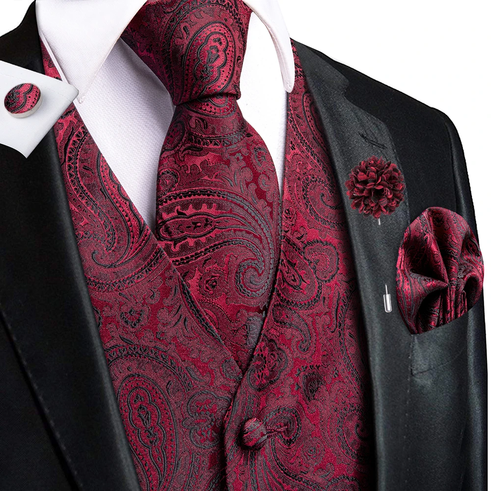 

Hi-Tie Silk Mens Vests Paisley Burgundy Black Blue Purple Green Waistcoat Tie Hanky Cufflinks Brooch Set Wedding Formal Business