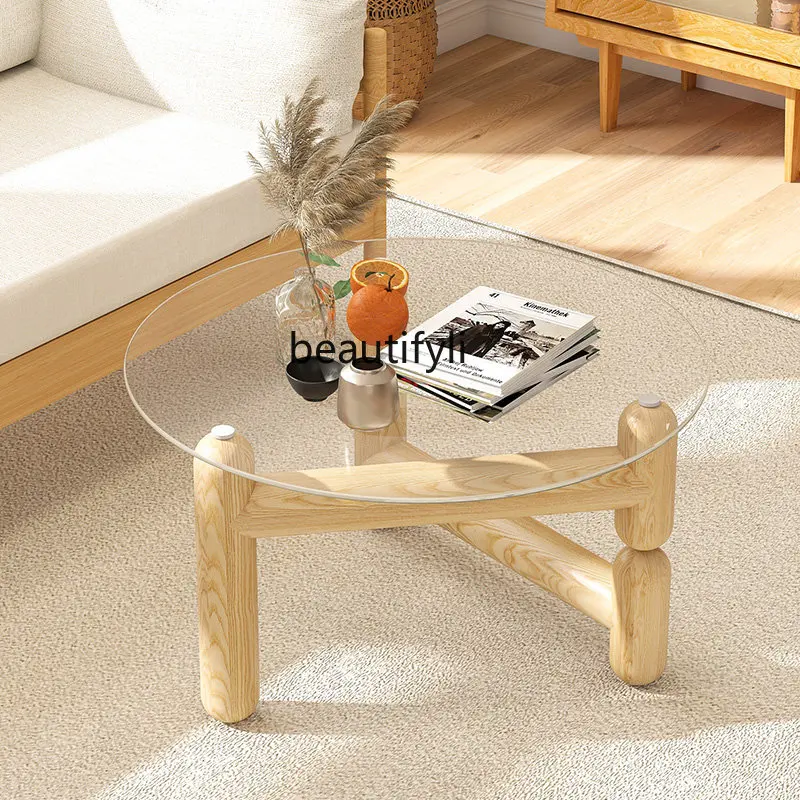 

Solid Wood Coffee Table Circle and Creative Transparent Tempered Glass Minimalist Tea Table Living Room Home Small Apartment