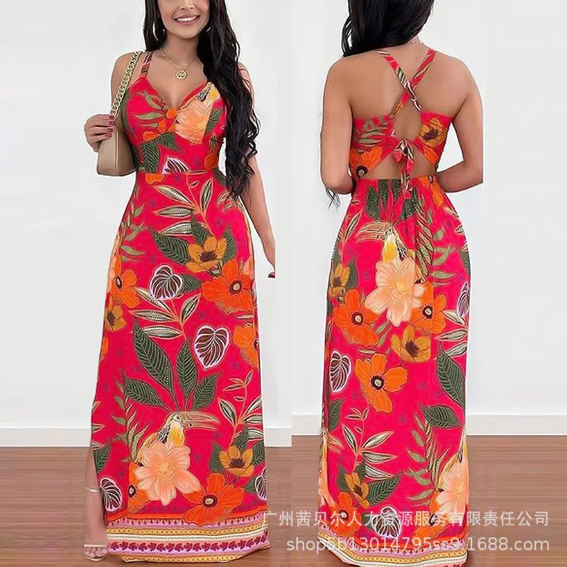 

Wepbel Dress Backless Sexy Tropical Print Summer Camis Dress Women Sexy V-neck Spaghetti-Strap Floral Crisscross Maxi Dress