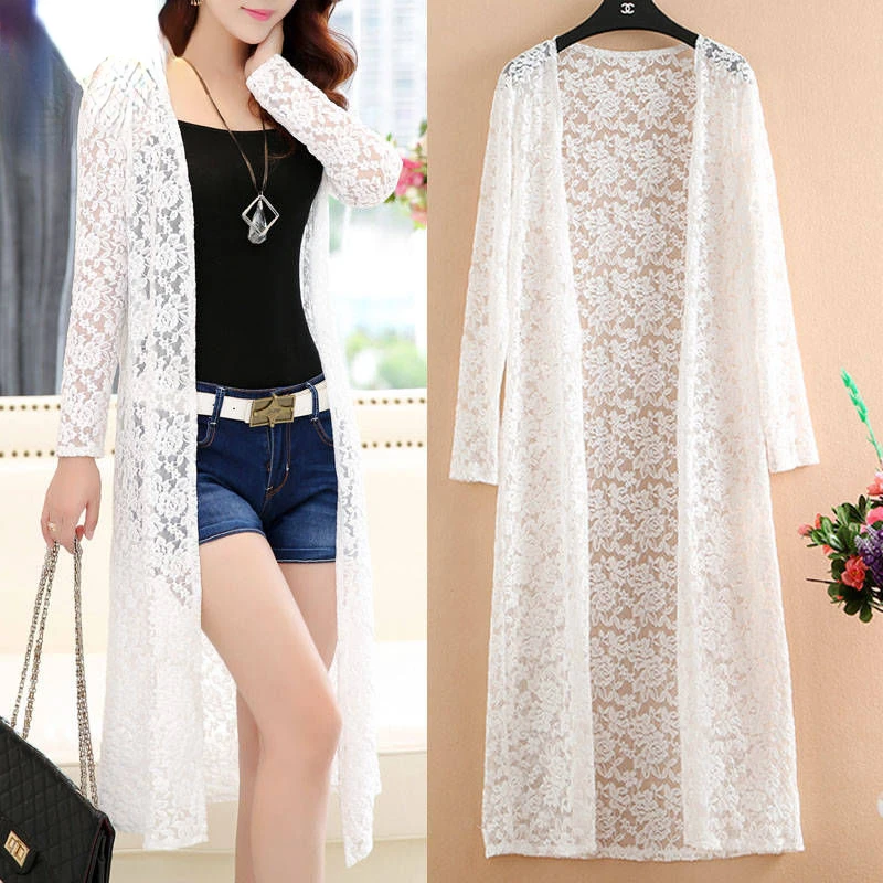 

VOLALO Summer Beach Cover Up 3XL Women Floral Lace Kimono Semi Sheer Solid Open Front Long Elegant Cardigan Mujer Tops
