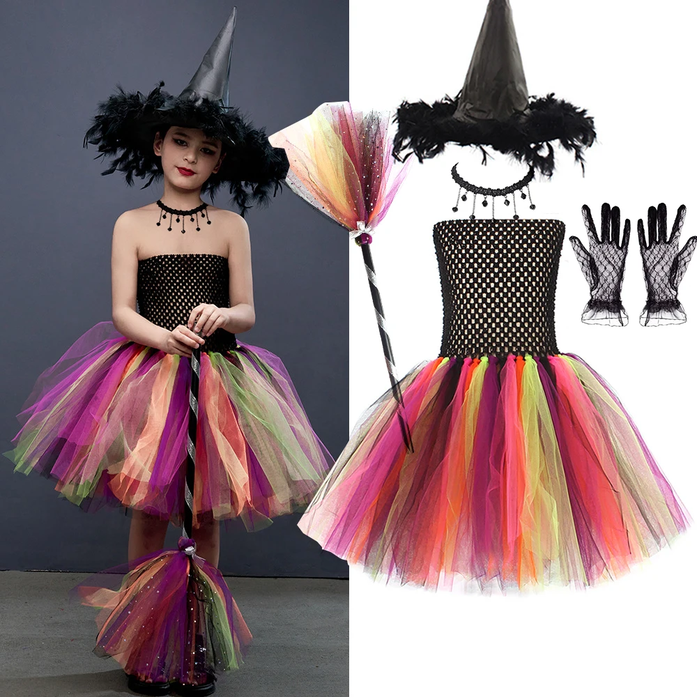 

2023 Disguise Witch Costume for Girls Halloween Tutu Knee Dress with Hat Kids Fancy Carnival Cosplay Party Outfit Dress Set