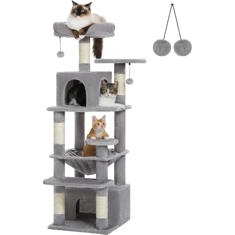 

Road Cat Tree, 53.5 Inches Tall Cat Tower with Spacious Hammocks, Condos and Scratching Posts, Cat House with Dual Padded
