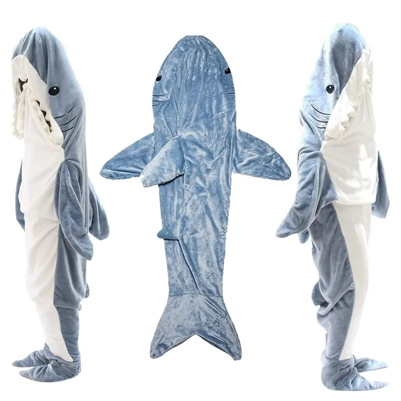 

Shark Blanket Onesie Playsuit Kids Parents Hooded Warm Flannel Blanket Pajamas Homesuit Funny Homewear for Slumber Party