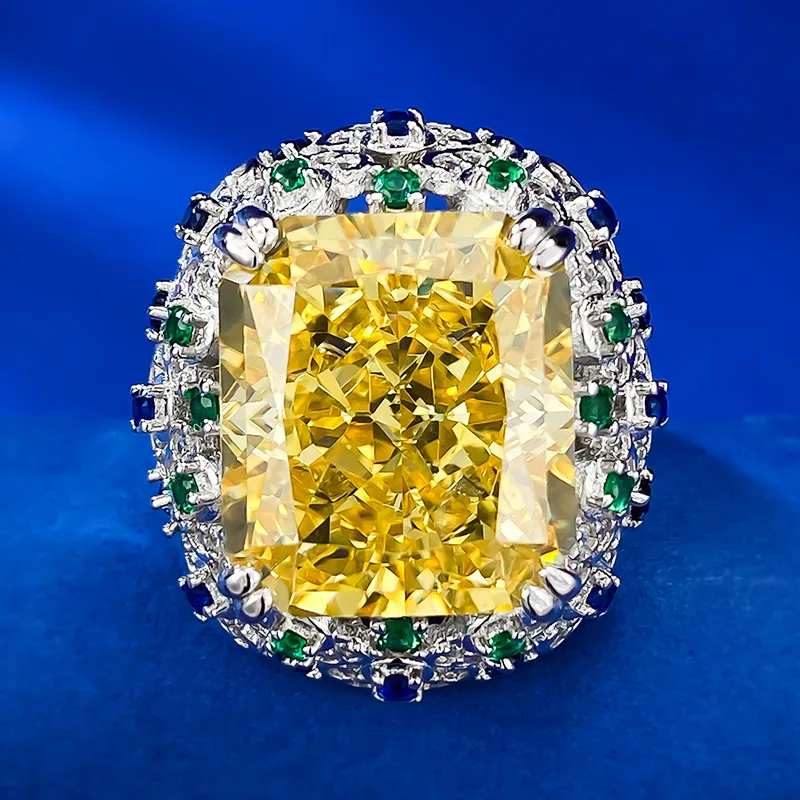 

925 Silver Luxury Set with 15 Carat Imported High Carbon Diamond Radian Ice Cut 14 * 16 Yellow Diamond Ring Ring