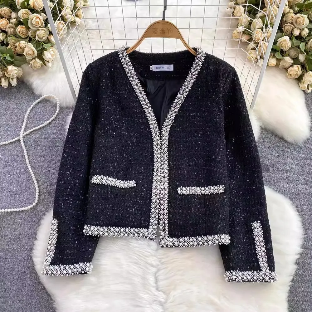 

Autumn Winter Black Sequins Beading Tweed Cardigan Jacket New Small Fragrant Vintage Women V Neck Long Sleeve Woolen Outerwear