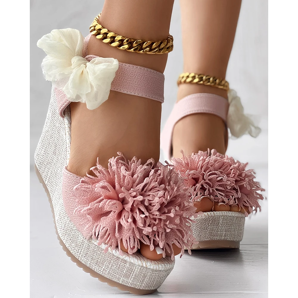 

Women Fashion Floral Pattern Bowknot Decor Sandals Lady Summer Platform Ankle Strap Wedge Sandals Casual Going Out Shoes