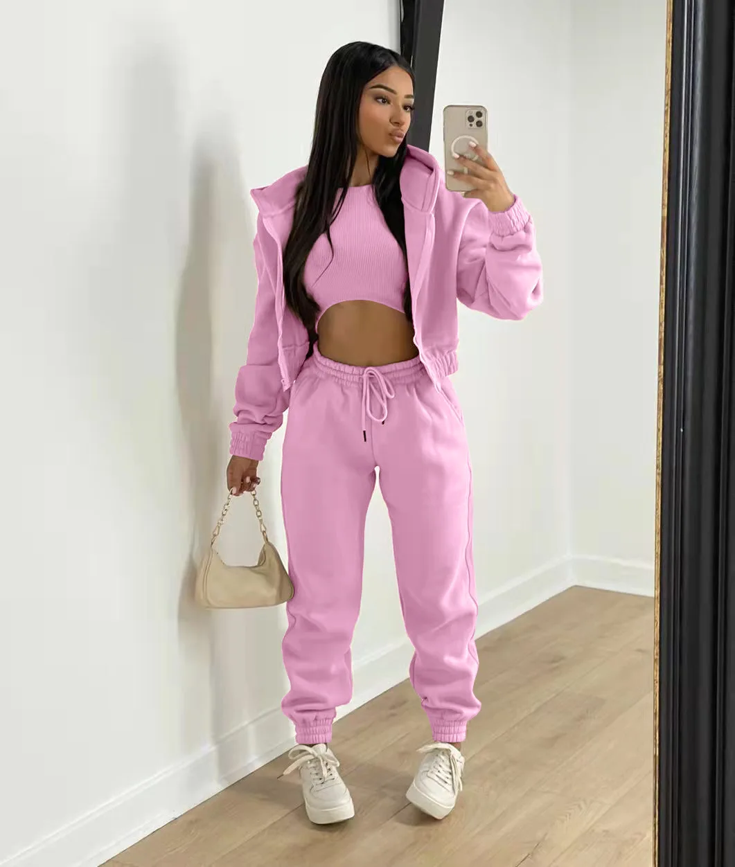 

Casual Long Sleeve Pant Suits Sporty Three Pieces Outfit Women Zip Hoodies+Ribbed Tank+High Waist Sweatpants Jogger 3 Piece Sets