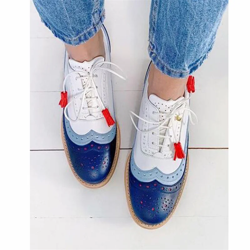 

British Women Pu Leather Mixed Colors Perforated Lace Up Oxfords Brogues Wingtips Saddle Shoes For Work Ladies 2022 New Flats