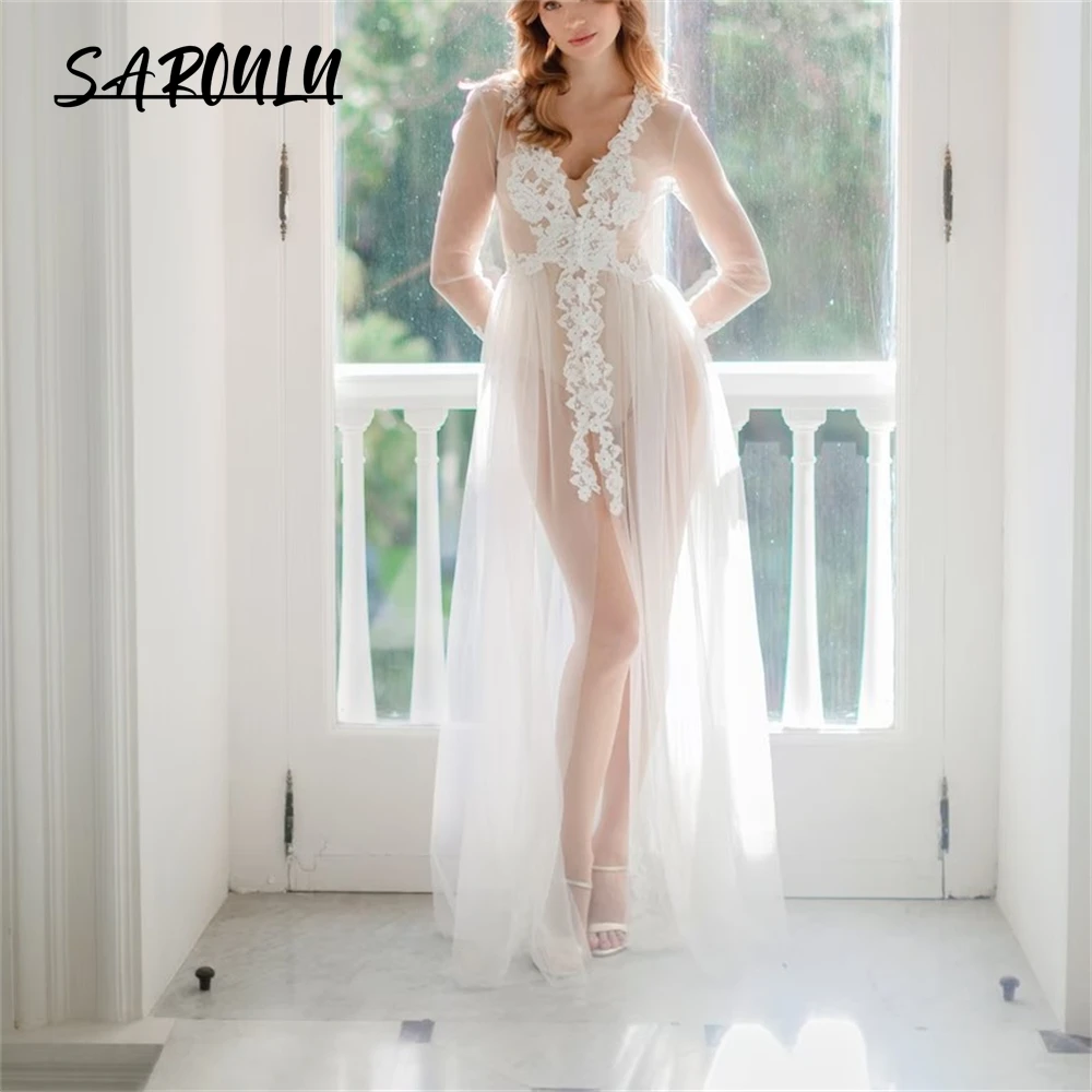 Sexy Bride Robe With Lace Long Sleeves V Neck Morning Wedding Dress Front Slit Long Bridal Gown Custom Made Vestidos De Novia
Sexy Bride Robe With Lace Long Sleeves V Neck Morning Wedding Dress Front Slit Long Bridal Gown Custom Made Vestidos De Novia