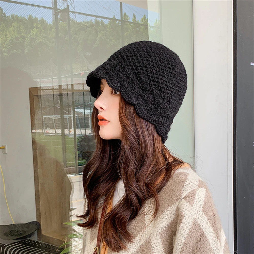 

2022 Solid Handmade Crochet Fisherman Hats Women Hollow Hats Knitted Winter Warm Dome Bucket Hat Wide Brim Foldable Beach Caps