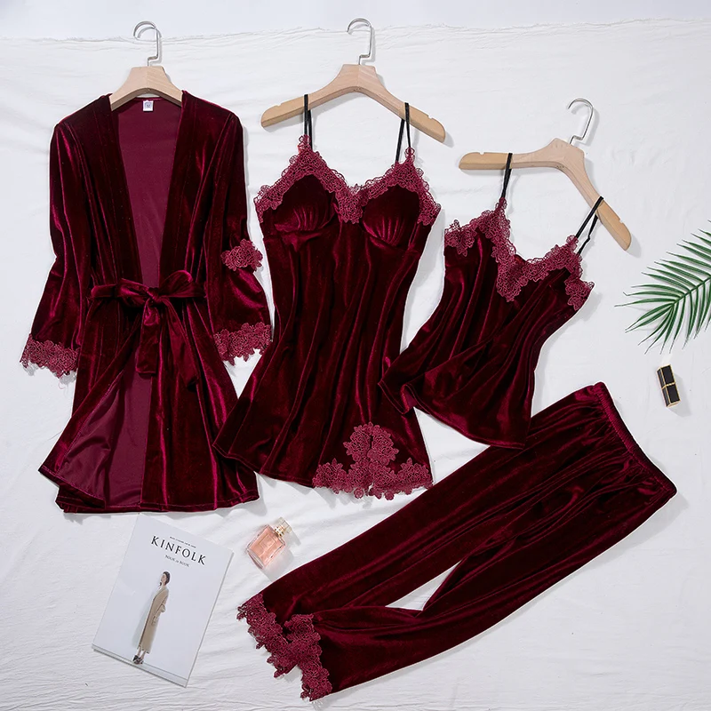 

Burgundy Velour Pajama Suit Women 4PCS Kimono Robe Nightgown Set Sleepwear Lady Autumn Winter Velvet Lace Folwer Bathrobe Gown