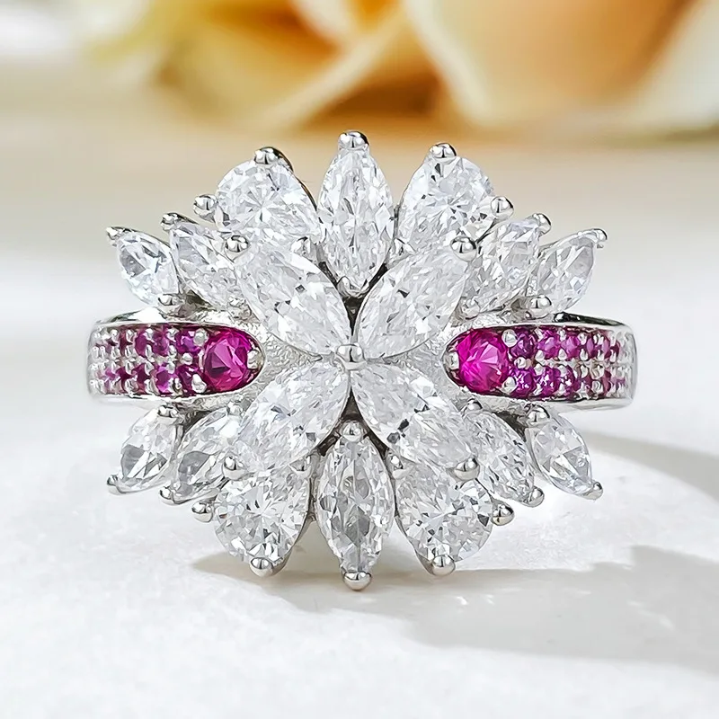 

2023 New S925 Silver Rainbow Bridge Brocade Cluster Diamond Ring Women's High Carbon Diamond Fashion Ring