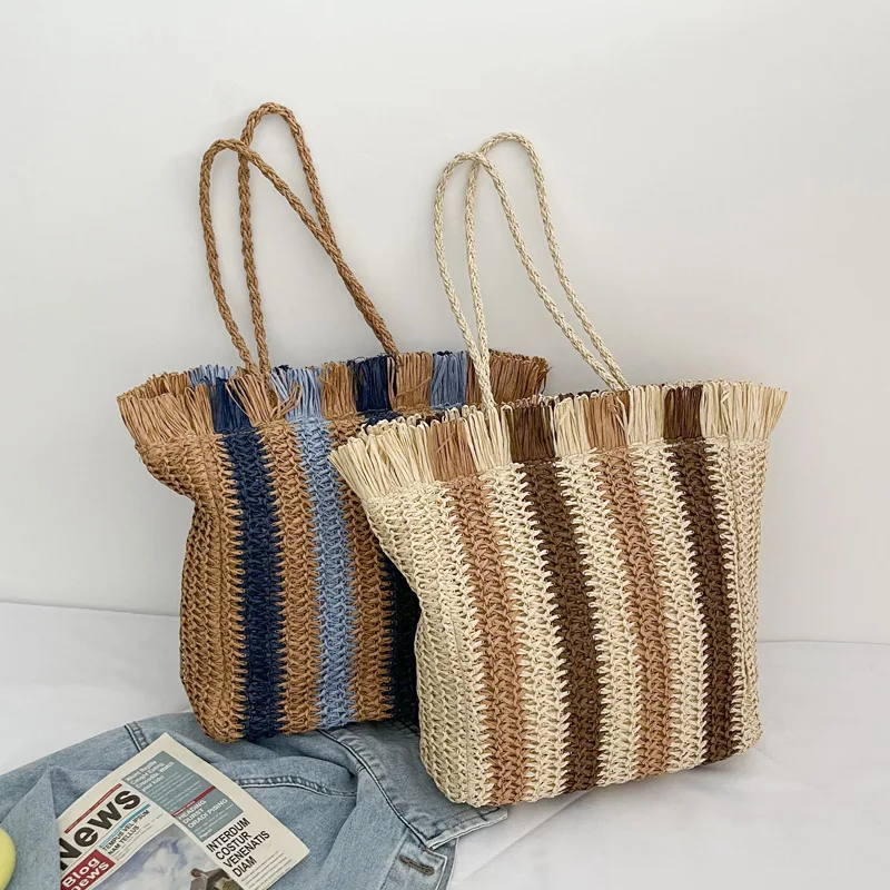 

Summer Stripes Straw Tote Bag Women Large Capacity Zipper Handbag Casual Holiday Beach Bag Woven Handmade Shoulder Bag Shopping