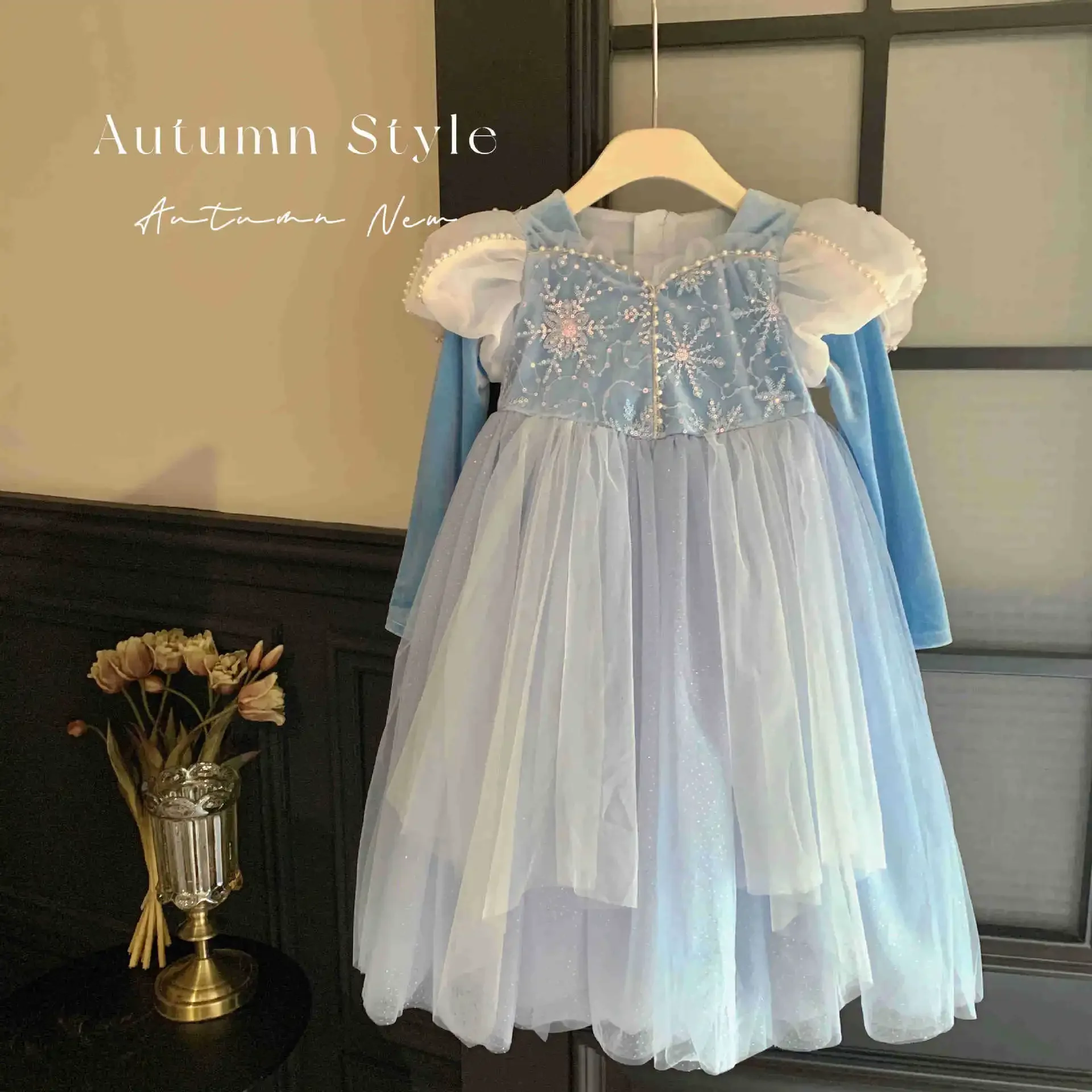 

Girl's Luminous Princess Dress 2024 Spring Autumn Children's Girl Birthday Dress Blue Fluffy Mesh Dress
