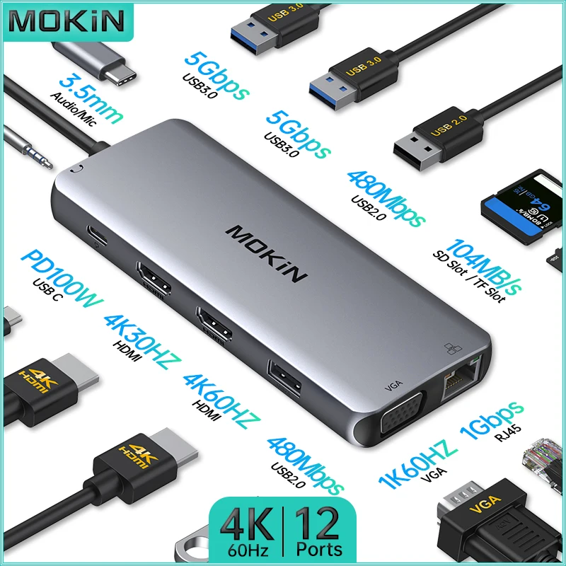 

Док-станция MOKiN 12 в 1 для MacBook Air/Pro, iPad, ноутбука Thunderbolt — HDMI 4K60 Гц, PD 100 Вт, VGA 1K60 Гц, TF, RJ45 1 Гбит/с