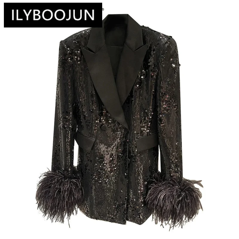 

ILYBOOJUN Sequins Black Blazer For Women Notched Collar Long Sleeve Patchwork Feathers Cuff Solid Blazers Female Clothing New
